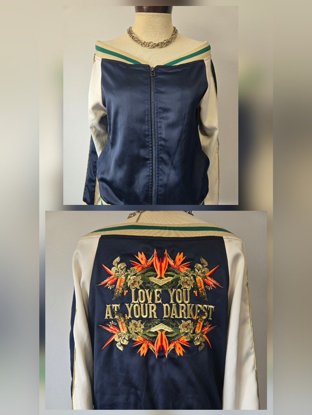 Navy and Cream Floral Embroidered Varsity Jacket